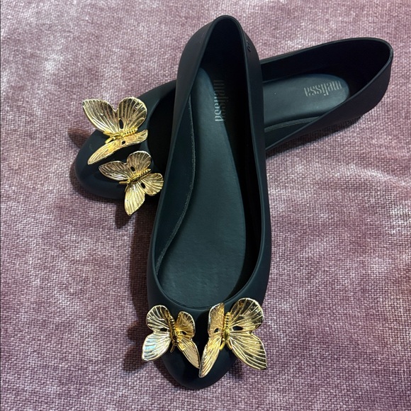 Melissa Black Flats with Gold Butterfly Accents - Picture 2 of 5
